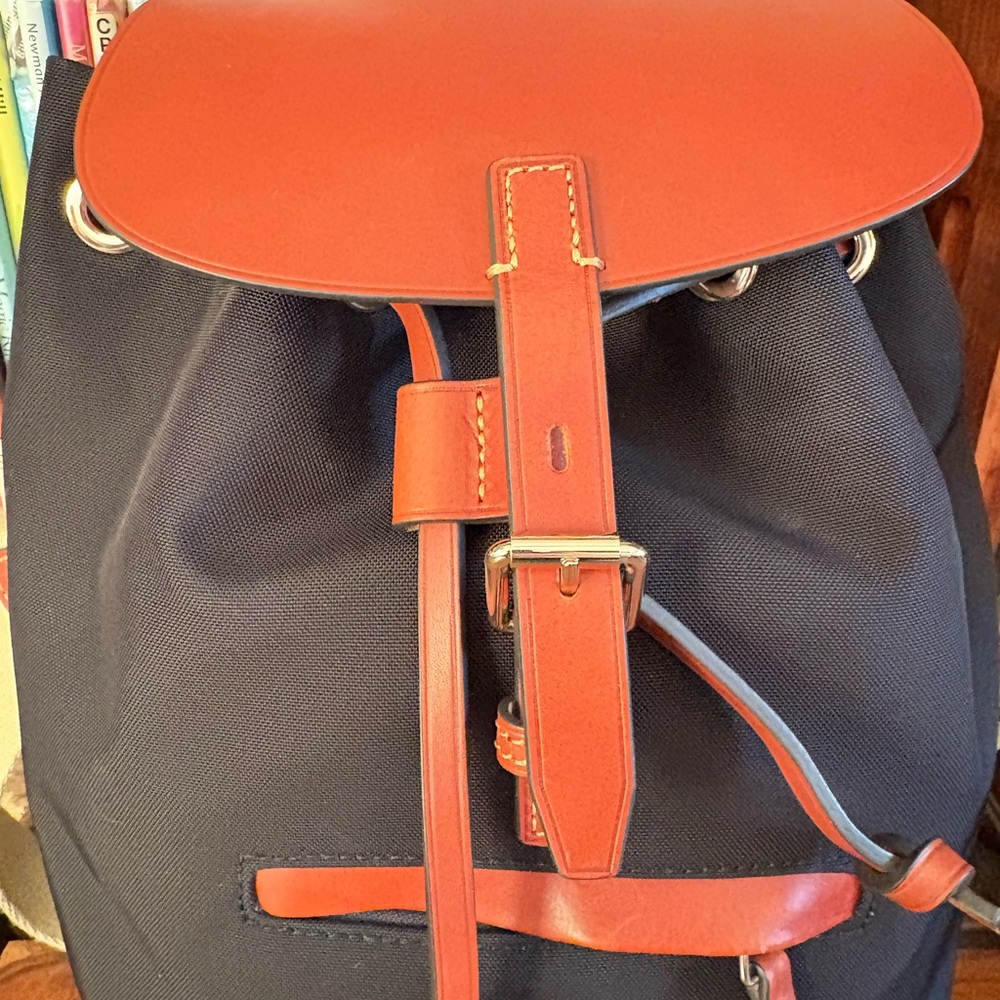 Dooney & Bourke Navy and Tan Leather Trim Drawstring Backpack - Picture 3 of 8